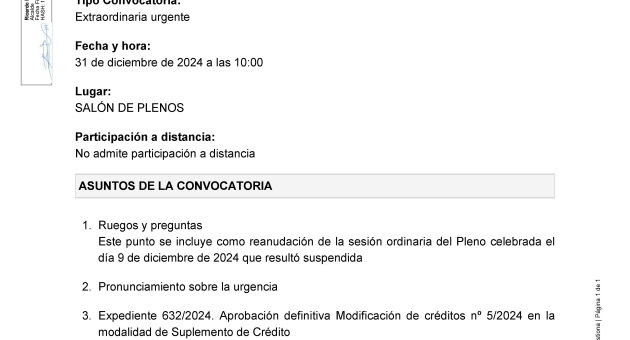Convocatoria a Pleno sesión extraordinaria urgente, martes 31 de diciembre a las 10:00h